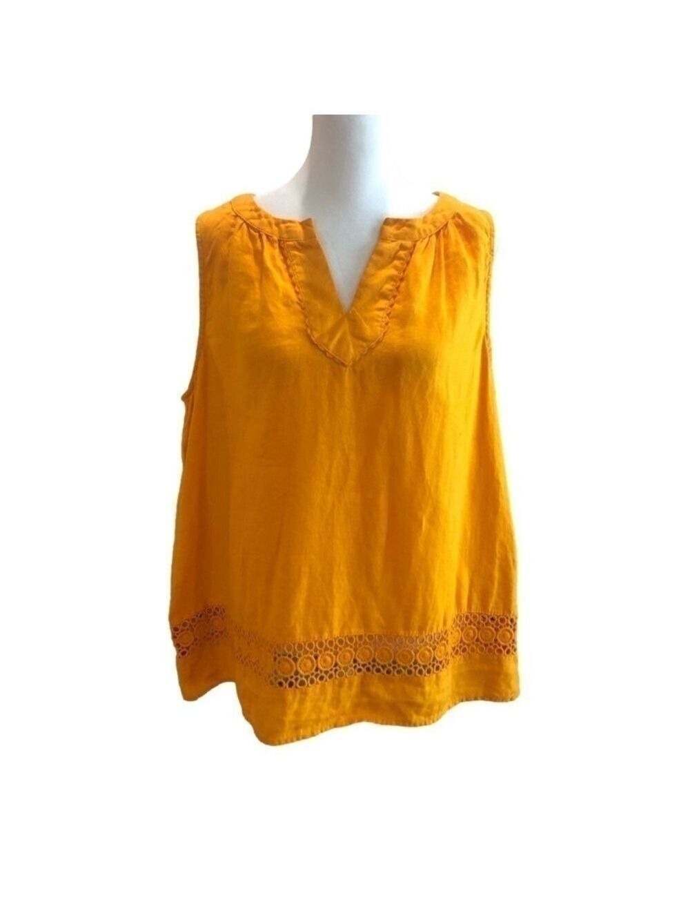 Crown and Ivy Size L linen pullover top orange v-neck crochet lace sleeveless